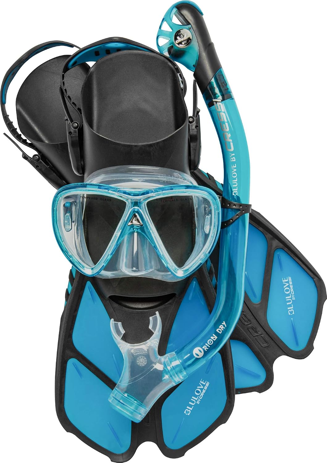 Cressi snorkeling kit: mask, dry snorkel, fins and bag